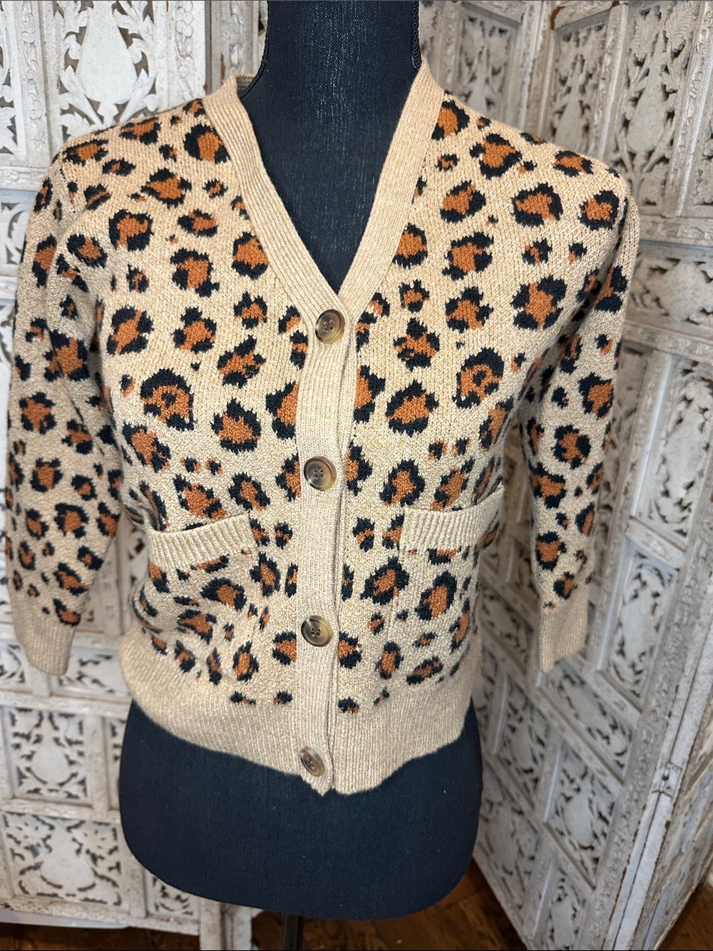Crewcuts Leopard Print Cardigan Sweater - Tan, Black, Brown Girls Sz.6-7